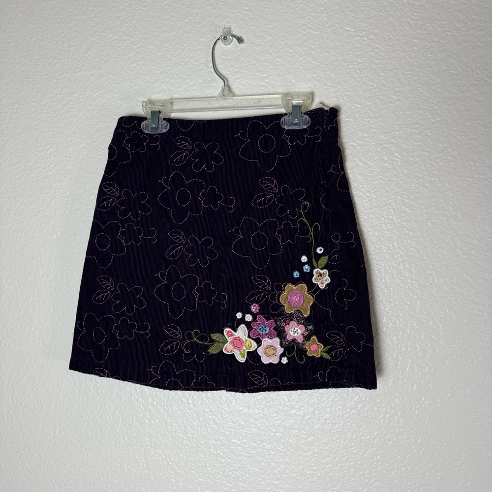 GIRLS Sz 12 Purple Embroidered and Appliqué mini SKORT Skirt corduroy adj waist